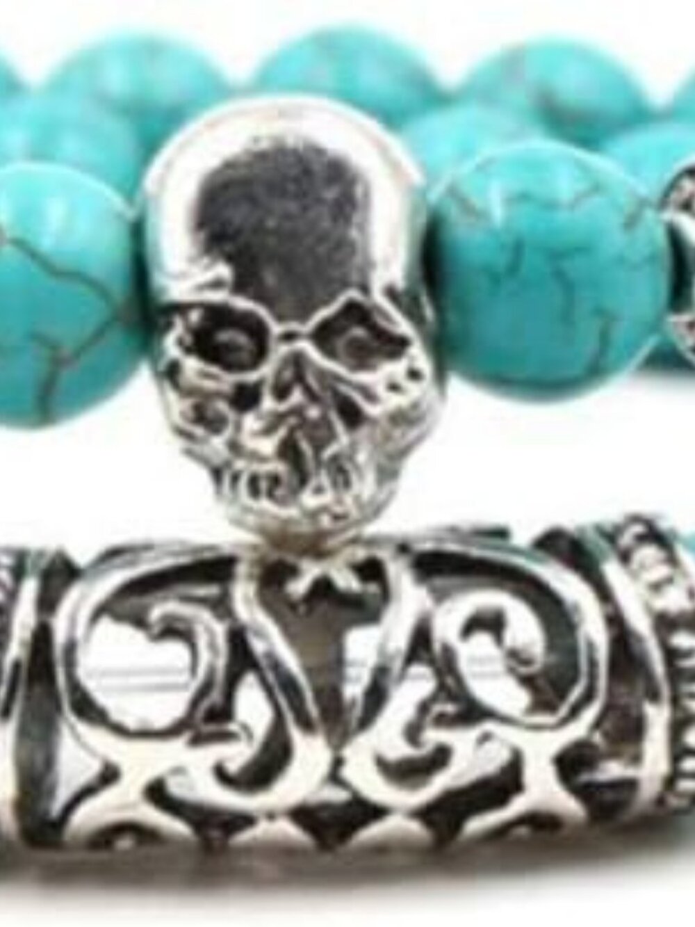 New Women Bracelet Beads with Silver Skull Boho Goth Stretch Turquoise w Silver